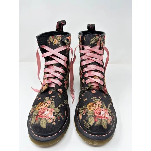 Dr. Martens Womens Black /Pink Floral Canvas Lace-Up Boots Size 8 US / 39 EU - Picture 2 of 9